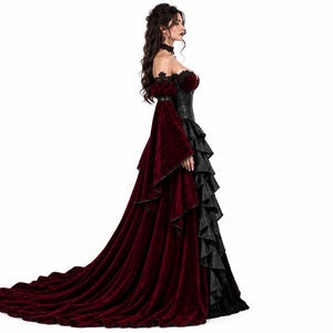Side profile of a Gothic Vampire Queen dress featuring an off-shoulder burgundy velvet bodice, black leather corset, layered leather ruffles, and a long velvet train. Perfect for vampire cosplay and Gothic weddings.