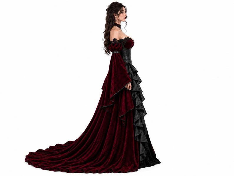 Side profile of a Gothic Vampire Queen dress featuring an off-shoulder burgundy velvet bodice, black leather corset, layered leather ruffles, and a long velvet train. Perfect for vampire cosplay and Gothic weddings.