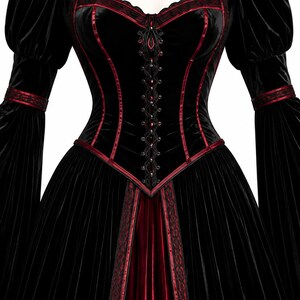 Lower section of the Renaissance-inspired gown showing flowing velvet skirt, burgundy center panel, decorative trim, pleats and long train.