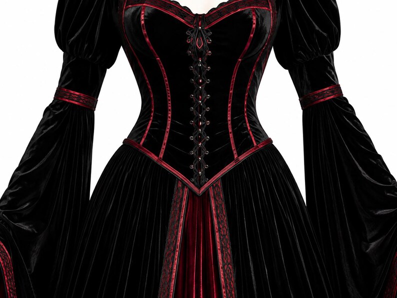 Lower section of the Renaissance-inspired gown showing flowing velvet skirt, burgundy center panel, decorative trim, pleats and long train.