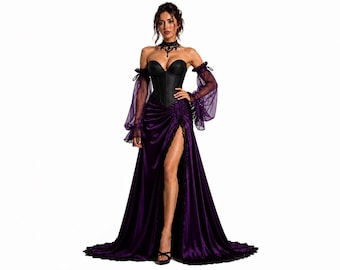 Könnte beinhalten: Ein bodenlanges Kleid mit einem schwarzen, trägerlosen Korsett-Oberteil und einem tiefvioletten Satinrock mit hohem Seitenschlitz. Das Kleid umfasst transparente, violette lange Ärmel mit gerüschten Bündchen und ein schwarzes Spitzenhalsband.