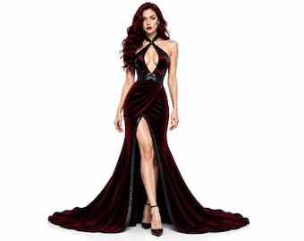 Könnte beinhalten: Ein bodenlanges Kleid aus burgunderrotem Samt mit einem Neckholder-Ausschnitt und tiefem Cut-out, einem schwarzen Taillenband in Lederoptik und einem hohen Beinschlitz. Das Kleid hat ein eng anliegendes Oberteil und einen langen, fließenden Rock.