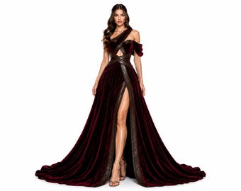 Könnte beinhalten: Ein bodenlanges Kleid aus burgunderrotem Samt mit One-Shoulder-Design, herzförmigem Ausschnitt und dunkelbraunen Besätzen in Lederoptik. Das Oberteil hat überkreuzte Details und der Rock verfügt über einen hohen Schlitz und eine lange Schleppe.