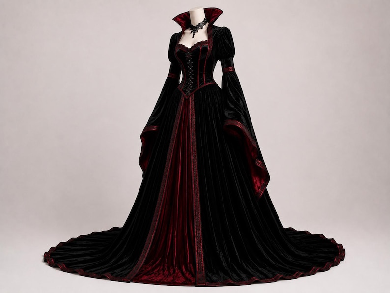 Gothic Victorian gown shown from the back with fitted corset lacing, high collar, structured sleeves, flowing skirt and extended train.