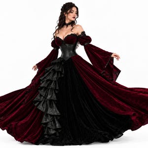 Burgundy velvet and black leather Gothic Vampire Queen dress with off-shoulder lace neckline, long bell sleeves, corset waist, and a flowing floor-length train. Perfect for cosplay or formal Gothic events.