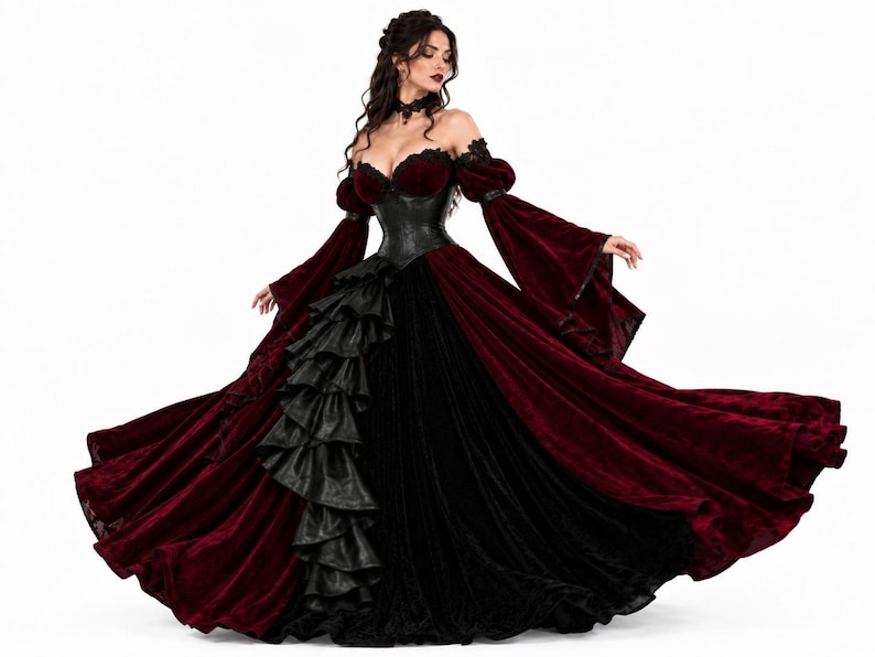Burgundy velvet and black leather Gothic Vampire Queen dress with off-shoulder lace neckline, long bell sleeves, corset waist, and a flowing floor-length train. Perfect for cosplay or formal Gothic events.
