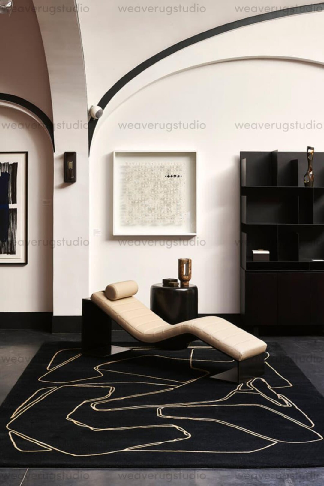 Hand Tufted Abstract White Line Art Wool Area Rug Black Modern Minimal ...