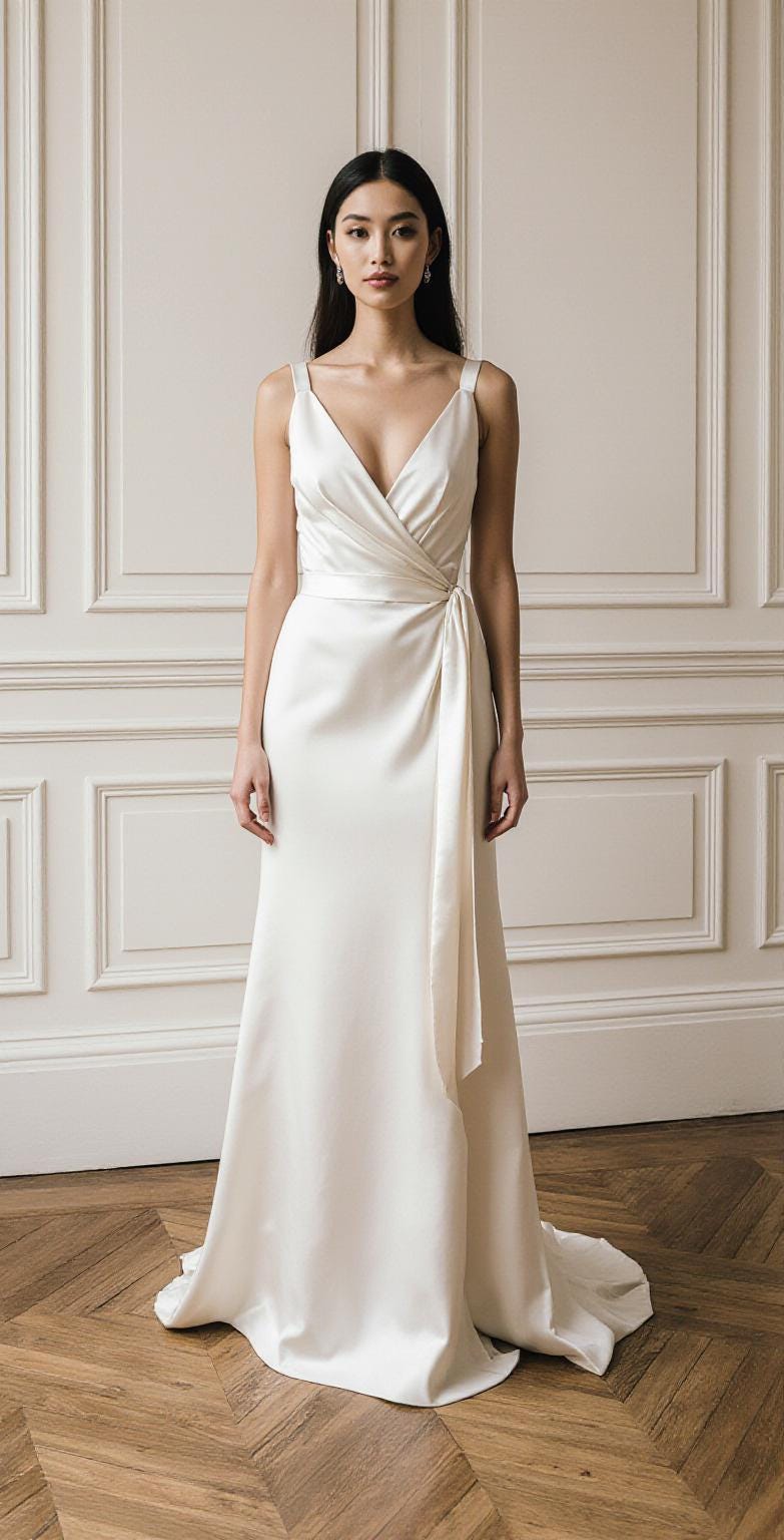 ラグジュアリーなサテンのウェディングドレス – 深いVネックライン