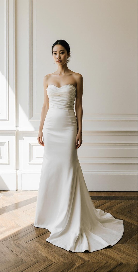 Luxury Satin Draped Sweetheart Wedding Dress – High-End Mermaid Bridal Gown with Elegant Open Back, Fitted Silhouette and Flowing Train