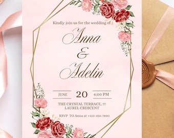 Burgundy Floral Wedding Invitation: Editable Canva Template (Digital Download)