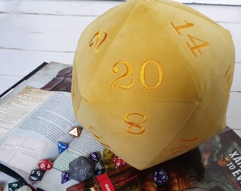 Giant Plush Velvet D20 Dice. Deluxe giant dice in a daffodil yellow velvet fabric and embroidered with rich yellow coloured numbers.