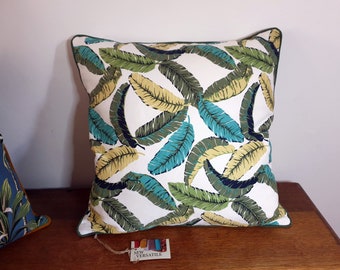 Jungle Leaf Patterned Fabric Cushion Cover with Green Piping and Zip