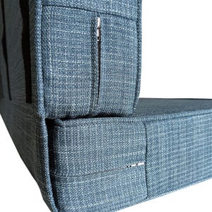 Two thick memory foam topped firm foam camper van bed cushions with a fabric join between the two cushions to keep them together in transit. Hard wearing machine washable linen look fabric is long lasting and comfortable to sit on and sleep on. Memory foam topper on the cushions for a ply wood built in pull out camper van bed makes very comfortable sleep in your converted van. Velcro on the backs of the bed cushions keeps them in place. Sprinter van stowaway bed. VW van conversion. Transit bed