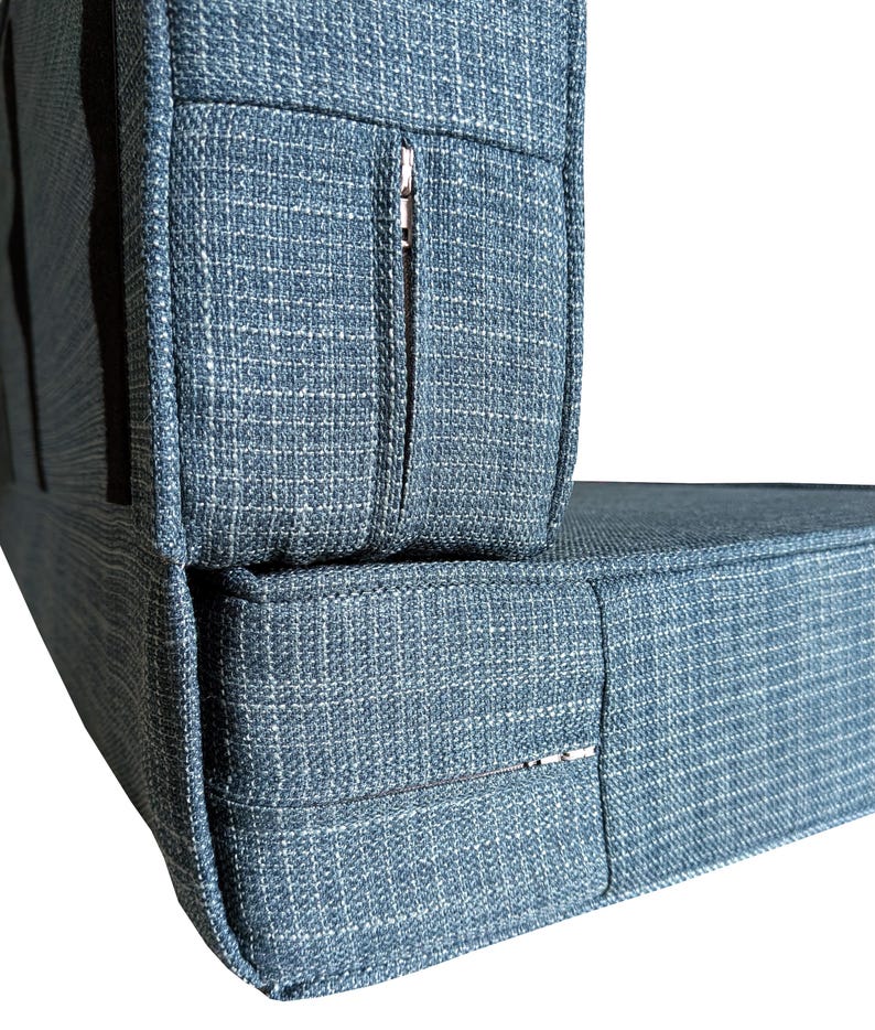 Two thick memory foam topped firm foam camper van bed cushions with a fabric join between the two cushions to keep them together in transit. Hard wearing machine washable linen look fabric is long lasting and comfortable to sit on and sleep on. Memory foam topper on the cushions for a ply wood built in pull out camper van bed makes very comfortable sleep in your converted van. Velcro on the backs of the bed cushions keeps them in place. Sprinter van stowaway bed. VW van conversion. Transit bed