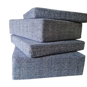 A set of thick, firm foam camper van cushions with a woven, hard wearing fabric for the seat cushion covers. Small camper van cushions to go on top of compost toilets. Firm hard wearing foam inside for comfortable seats. Storage seat cushions for campervan conversions. Bed cushion sets for pull out beds, sprinter bed system, VW camper van bed cushions. Machine washable, stain resistant. Easy clean performance fabrics. Comfortable mattress cushions. Zips at the back of the cushions for cleaning.