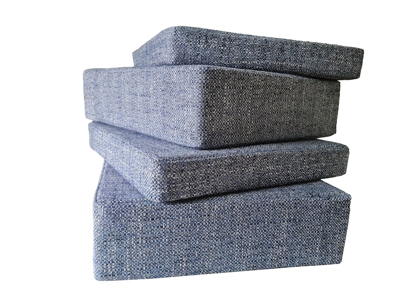 A set of thick, firm foam camper van cushions with a woven, hard wearing fabric for the seat cushion covers. Small camper van cushions to go on top of compost toilets. Firm hard wearing foam inside for comfortable seats. Storage seat cushions for campervan conversions. Bed cushion sets for pull out beds, sprinter bed system, VW camper van bed cushions. Machine washable, stain resistant. Easy clean performance fabrics. Comfortable mattress cushions. Zips at the back of the cushions for cleaning.