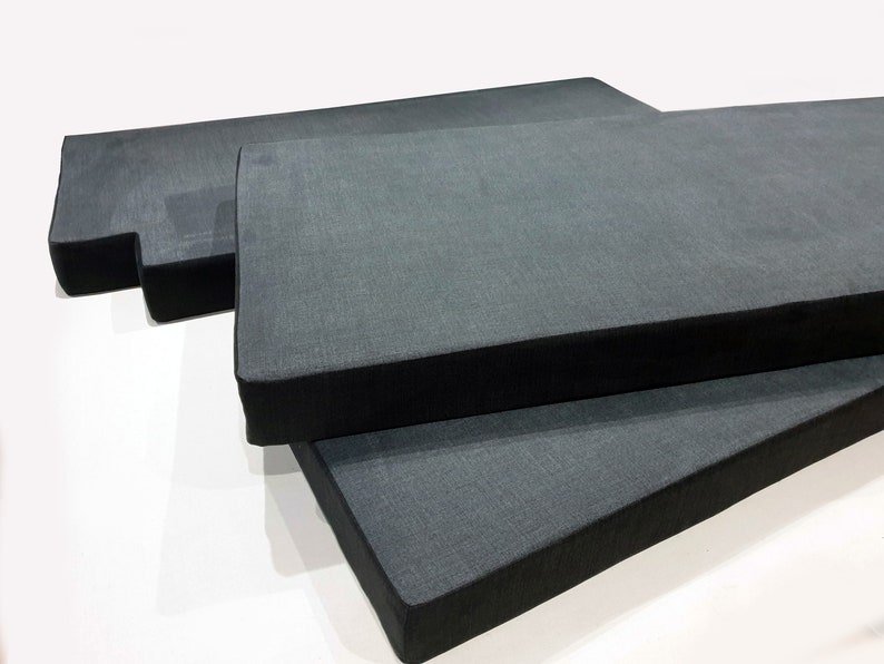 A set of three large, thick camper van mattress bed cushions made to order in high quality materials and foam. The high quality foam inside the three van cushions is a firm foam topped with memory foam, which makes for a very comfortable mattress. The fabric used on these van cushions is a soft, peach feel fabric which is very hardwearing. We have stain resistant and machine washable options for the van outfitting. These cushions work perfectly with pull out ply wood beds for camper vans.