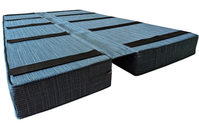 A set of joined camper van cushions for a bench seating area that pulls out to a sleeping pad. Velcro strips on the back of the cushions keep them in place, easy to move. Thick, firm, supportive foam for a good nights sleep. Memory foam, medium density foam or reflex foam inners. Made to measure camper van conversion cushions in luxury fabrics, machine washable, easy care, pet and dog friendly fabrics. Long zips to easily remove the covers on the motor home cushions. Large camper van cushions
