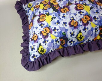 Ruffle Frill Edge Cushion - Firm Filled - 50x40cm - Floral Pansy Gardening Design - Cotton Ruffled Edging in Purple