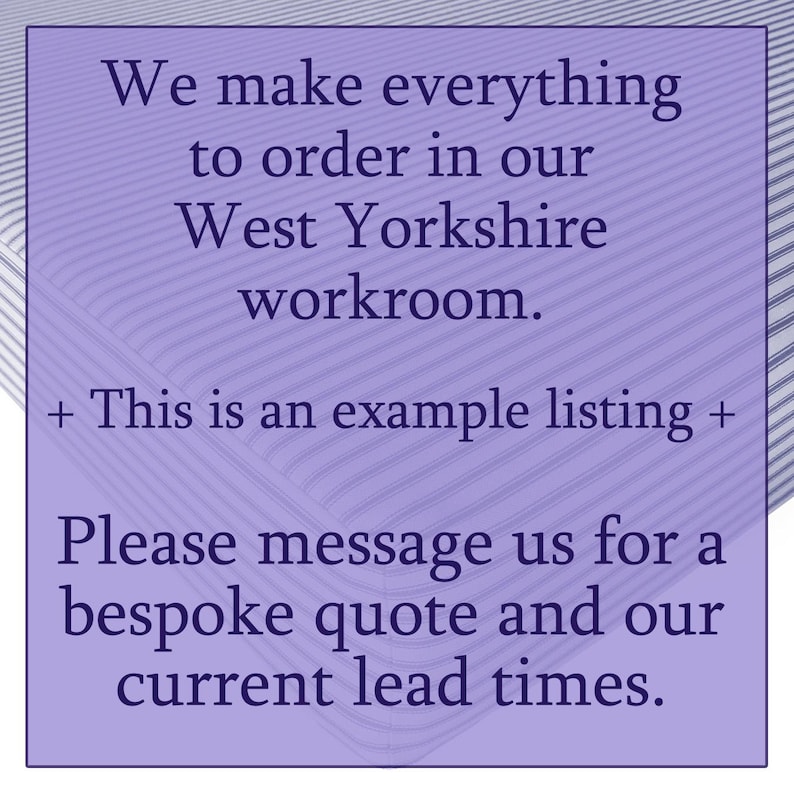 Puede incluir: Texto sobre un fondo morado: "Hacemos todo por encargo en nuestro taller de West Yorkshire. + Este es un ejemplo de listado + Por favor, env&iacute;enos un mensaje para una cotizaci&oacute;n a medida y nuestros plazos de entrega actuales."