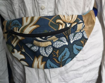 Blue Floral Upholstery Fabric Bumbag with Metallic Accents and Cobalt Blue Strap