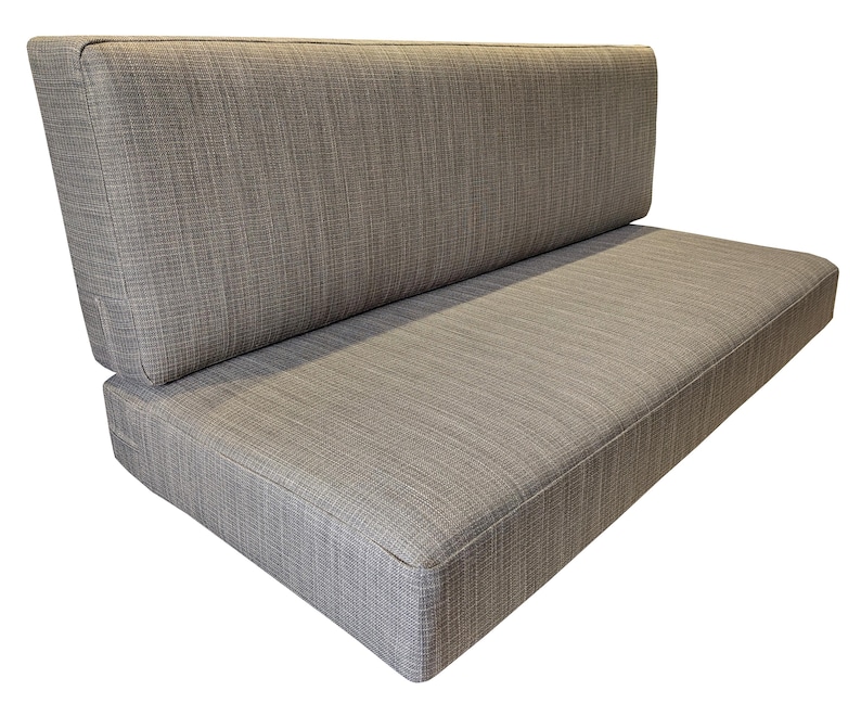 A seat and back cushion set for a wooden sofa bench area. Thick, comfy medium density upholstery foam inside with dacron for a plump finished cushion. Mid century modern chair cushions made to measure. MCM sofa. Greige colour seating cushions made to measure. Machine washable sofa cushion covers for replacement sofa cushions. Chesterfield sofa cushions in faux leather, wool plaid and tartan fabrics. Tweed fabric sofa seat cushions and back cushions. Sofa cushion cover with zip. Indoor seating