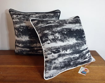 Black and White Cushion Cover in Luxury Monochrome Upholstery Fabric with Velvet Piping and a Zip