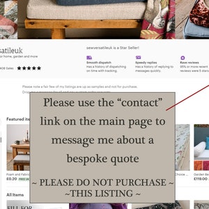 May include: Screenshot of an Etsy shop page, "sewversatileuk", selling soft furnishings. The page includes a "Star Seller" badge, customer reviews, and a message to contact the seller for a bespoke quote. The shop offers bench cushions, throw cushions, and more.