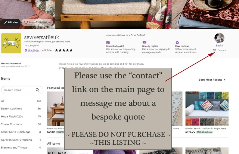 May include: Screenshot of an Etsy shop page, "sewversatileuk", selling soft furnishings. The page includes a "Star Seller" badge, customer reviews, and a message to contact the seller for a bespoke quote. The shop offers bench cushions, throw cushions, and more.