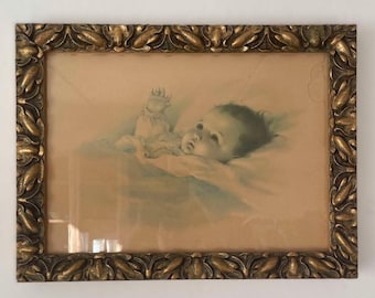 Originele vintage Bessie Pease Gutmann-lithografie getiteld 'Awakening Baby'