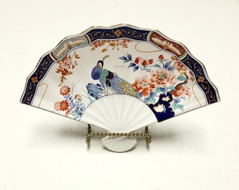Peacock Ceramic Fan Japanese Vanity Dish Trinket Tray Chinoiseries Fan