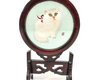 Vintage Chinese Silk Embroidered Cat Under Glass Wood Stand 2 - Etsy