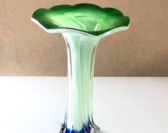 Vintage Ruffled Vase Green Art Glass Vase Swung Glass Vase