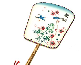 Oriental Fan Handpainted Japanese Silk Paddle Fan Exquisite Vintage Oriental Wall Decor Blue Bird Of Happiness Signed