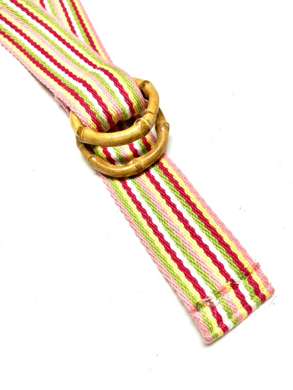 Rainbow Striped Canvas Belt Bamboo Buckle Size M - image 2