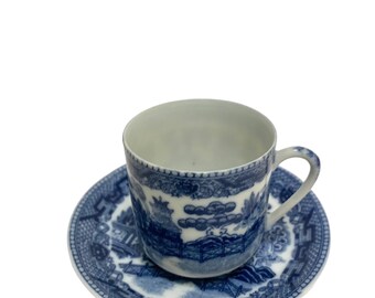 Blue & White Blue Willow Teacup Demitasse Cup and Saucer Spring Floral China Porcelain