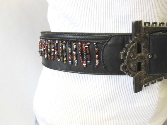 Vintage Black Leather Belt Wide Beaded Catherine … - image 3