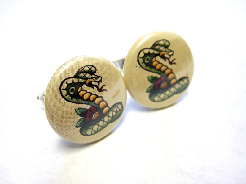 Snake Cufflinks Day of the Dead Rockabilly Pin Up Jewelry Tattoo Style Cobra