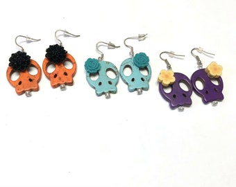 Skull Earrings Sugar Skull Earrings Day Of The Dead Rockabilly Earrings 3 Pair Halloween