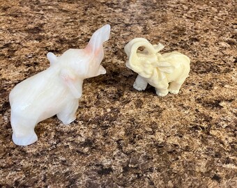 Vintage Elephant Figurine Trunk Up Good Luck  Alabaster / Resin Set of 2