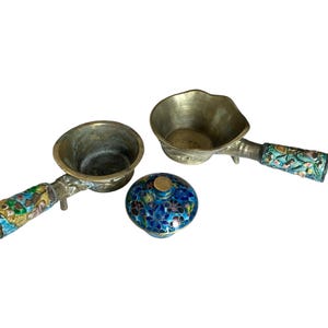 Oriental Brass Dragon Pot Silk Coal Iron Ornate Cloisonne Trinket Box Set of 3