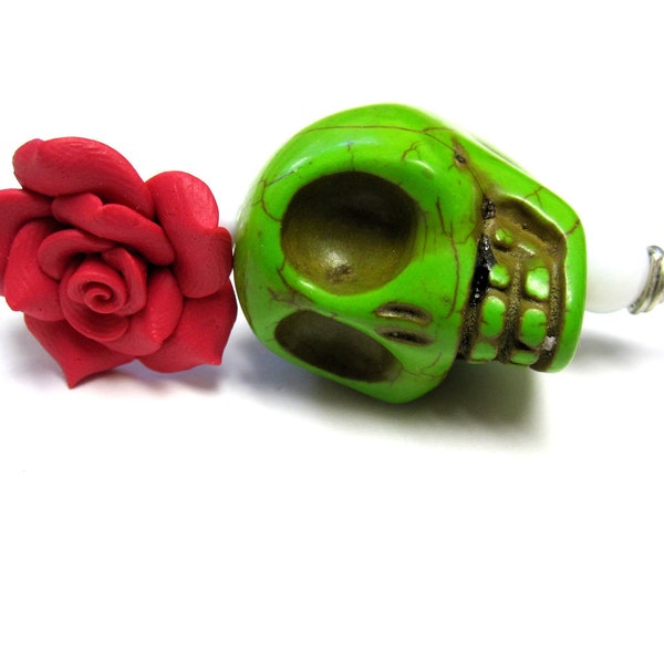 Skull Jewelry BIG DADDY GREEN Sugar Skull & Red Rose Key Chain/Pendant