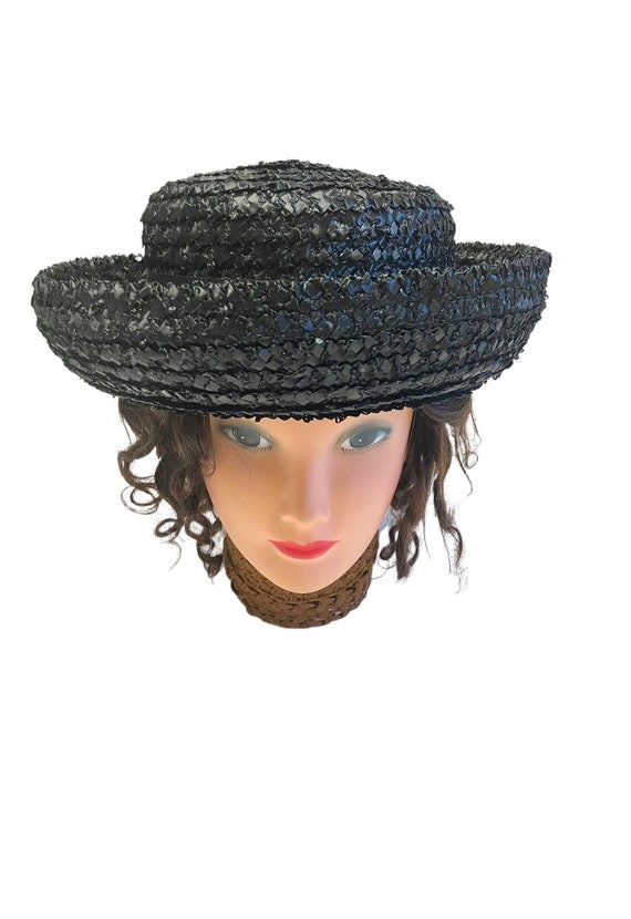 Black Straw Boater Hat: Rolled Brim Raffia Sun Hat - image 2