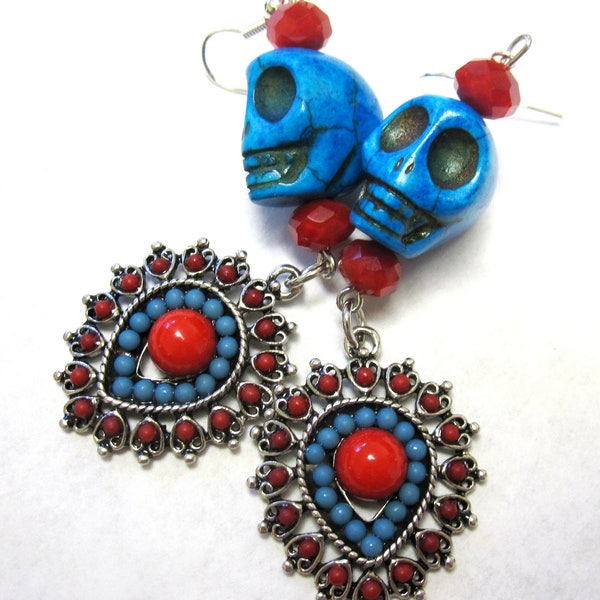 Southern Senorita Sugar Skull Earrings Carribean Blue & Red Day of The Dead Earrings