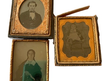 3 Framed TinTye Miniature Photographs Mother Father Child Family Melainotype Ferrotype Portrait