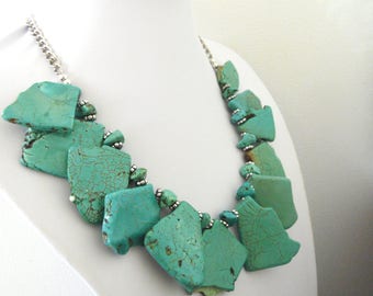 Turquoise Blue Necklace Western Bib Jewelry Slab Buffalo Stone