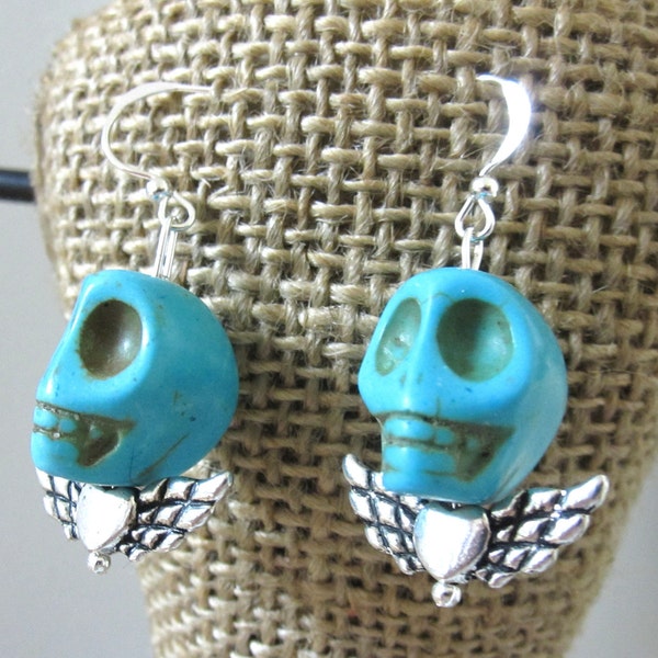 Skull Earrings Turquoise - Ocean Blue Sugar Skull & Hearted Angel Wings