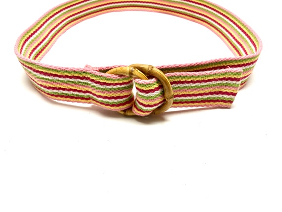 Rainbow Striped Canvas Belt Bamboo Buckle Size M - image 3