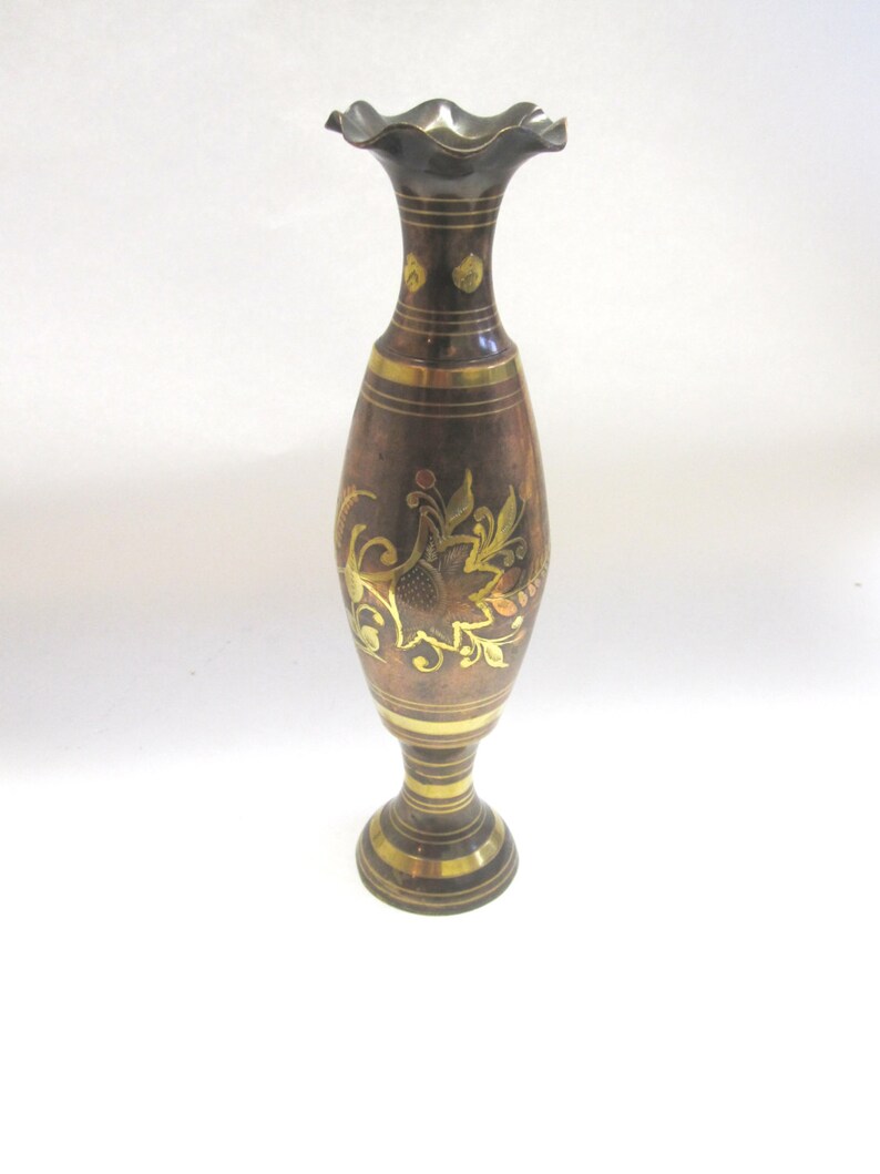 Oriental Brass and Copper Vase Inlaid Large Asian Vase