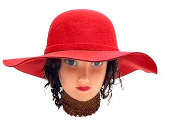 Red Hat Wide Brim Womans 70's Style Red Hat Floppy Brim Hippie Hat